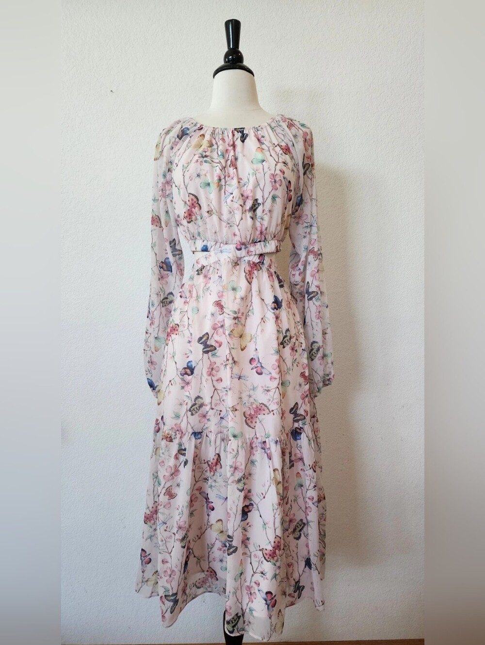 Floral Pink Long-Sleeve Chiffon Maxi Dress